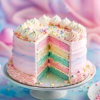 ai generiert schick Regenbogen Sahne Kuchen auf Pastell- Hintergrund foto