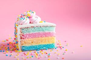 ai generiert schick Regenbogen Sahne Kuchen auf Pastell- Hintergrund foto