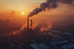 ai generiert schmutzig Luft Verschmutzung Rauch von Fabrik Kamin Sonnenuntergang Zeit Fabrik Emission foto