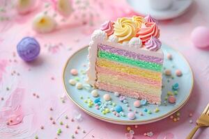 ai generiert schick Regenbogen Sahne Kuchen auf Pastell- Hintergrund foto