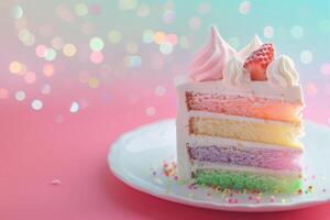 ai generiert schick Regenbogen Sahne Kuchen auf Pastell- Hintergrund foto