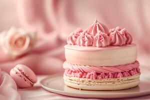 ai generiert schick Regenbogen Sahne Kuchen auf Pastell- Hintergrund foto