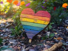 ai generiert ein hölzern Herz gemalt im das Farben von das Regenbogen steht im ein Garten. generativ ai. foto