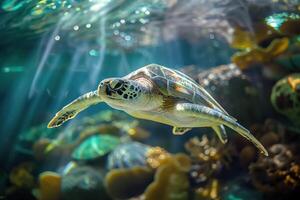 ai generiert ein Meer Schildkröte beleuchtet durch Balken von Sonnenlicht Piercing das des Ozeans Oberfläche wie es steigt an in der Nähe von ein beschwingt Koralle Riff. generativ ai. foto