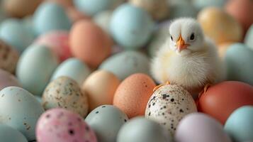 ai generiert winzig Küken ist umgeben durch Ostern Eier im Sanft Pastell- Farbtöne. Banner mit Kopieren Raum. ai generiert foto