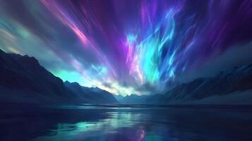ai generiert ätherisch Aurora Über still Wasser foto