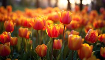 ai generiert beschwingt Tulpen blühen im ein bunt Wiese generiert durch ai foto