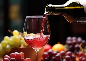 ai generiert Gießen frisch rot Wein von ein Flasche in ein Weinglas generiert durch ai foto
