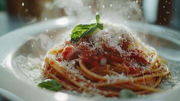 ai generiert dämpfen Spaghetti Freude Nahansicht mit Marinara Parmesan und Basilikum gefangen im 50mm Linse foto