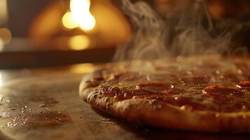 ai generiert gebacken Peperoni Pizza gefangen im natürlich Licht knusprig Kruste und geschmolzen Käse nehmen Center Bühne foto