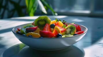 ai generiert bunt Obst Teller auf hölzern Tabelle Sanft Licht verbessert einladend und appetitlich Anzeige foto