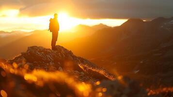 ai generiert Reisender silhouettiert auf Berg Gipfel beim Sonnenuntergang gebadet im warm golden Licht foto