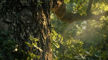 ai generiert majestätisch Eiche Baum umhüllt im Sonnenlicht gefangen mit kompliziert Detail und üppig Laub foto