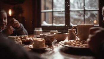 ai generiert Männer und Frauen genießen hausgemacht Dessert und heiß Kaffee drinnen generiert durch ai foto