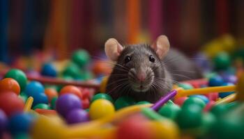 ai generiert süß klein Ratte spielen mit bunt Spielzeug Ball drinnen generiert durch ai foto