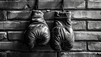 ai generiert alt schwarz und Weiß Boxen Handschuh hängend auf Backstein Mauer generiert durch ai foto