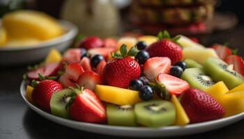 ai generiert Frische von Sommer- Früchte Erdbeere, Kiwi, Blaubeere, Himbeere, Melone generiert durch ai foto