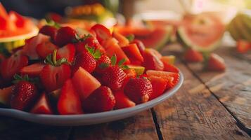 ai generiert bunt Obst Teller auf hölzern Tabelle gefangen mit Sanft natürlich Licht und Makro Linse foto