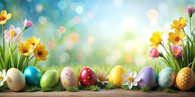 ai generiert ein Ostern Hintergrund mit Eier, Blumen, und Kopieren Räume foto