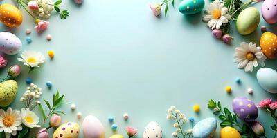 ai generiert ein Ostern Hintergrund mit Eier und Blumen foto