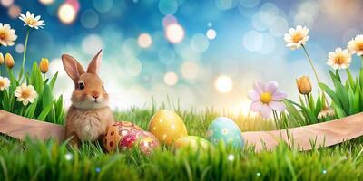 ai generiert Ostern Hintergrund mit Eier, Blumen, und Hase foto