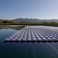 ai generiert groß Array von Solar- Paneele auf Wasser. generativ ai. foto