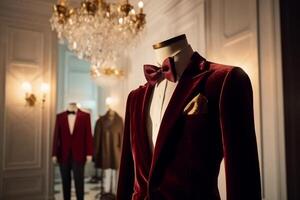 ai generiert Mannequin mit rot Jacke und Bogen Krawatte im Luxus speichern. foto