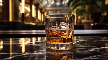 ai generiert Glas von Whiskey mit Eis Würfel auf ein Glas Tabelle im ein Bar foto