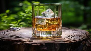 ai generiert Whiskey mit Eis auf ein hölzern Stumpf im das Wald. foto