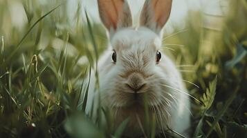 ai generiert flauschige Hase Porträt Makro Nahansicht von Weiß Hasen Nase und Augen gegen Sanft verschwommen Gras Hintergrund foto