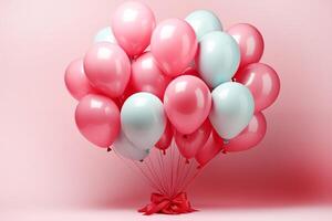 ai generiert Weiß groß Nummer 1 auf ein Hintergrund von Luftballons und künstlich Blumen Schweinchen Rosa Farbe. Foto Dekor zuerst Geburtstag oder zuerst Jahrestag