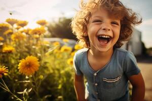 ai generiert jung Kind Lachen im sonnig Nachmittag offen Schuss mit spiegellos Kamera und Standard Linse foto