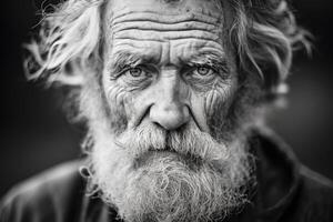 ai generiert Alten Mann mit verwittert Gesicht im nachdenklich Würde gefangen im schwarz und Weiß Film Stil foto