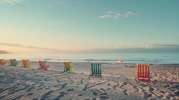 ai generiert still Sonnenuntergang Strand sanft Wellen bunt Himmel und heiter Atmosphäre foto