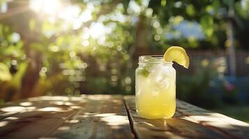 ai generiert erfrischend Limonade im Mason Krug rustikal Tabelle Rahmen sonnig Garten Hintergrund foto