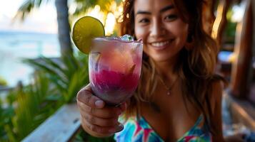 ai generiert Frau verwöhnt im Strand Glückseligkeit mit bunt Cocktail gerahmt durch funkelnd Ozean und Palme Bäume foto