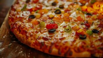 ai generiert lecker golden frisch gebacken Pizza taucht auf von holzbefeuert Ofen im Sanft natürlich Licht foto