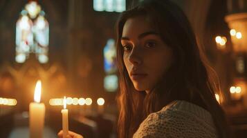 ai generiert jung Frau Beleuchtung Kerze im schwach zündete Kirche mit Glasmalerei Fenster Gießen Farbe auf zu das Wände foto