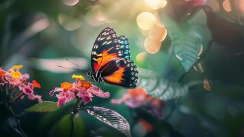 ai generiert bunt Schmetterling ruhen auf beschwingt Blume gebadet im Sanft natürlich Licht foto