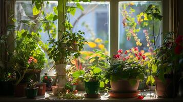 ai generiert sonnig Fensterbrett Oase eingetopft Pflanzen gedeihen im Sanft natürlich Licht foto