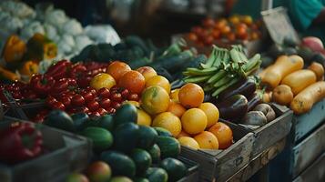 ai generiert beschwingt frisch Früchte und Gemüse vereinbart worden auf hölzern Tabelle beim lokal Bauern Markt foto