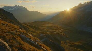 ai generiert golden Sonnenuntergang umarmt majestätisch Berg Landschaft gefangen im breit 24mm Schuss foto