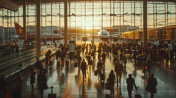 ai generiert beschäftigt Flughafen Terminal Reisende und Flugzeuge im Bewegung foto