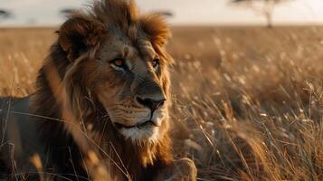 ai generiert Regal Löwen warnen Blick inmitten Savanne Gras gefangen im Nahansicht mit 50mm Linse foto