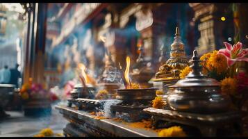 ai generiert traditionell Hindu Priester führt bunt Tempel Zeremonie mit Blume Angebote foto