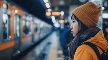 ai generiert Frau wartet U-Bahn Zug inmitten Pendler und Anzeige foto