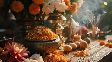 ai generiert traditionell Hindu Puja Zeremonie verzaubert mit Angebote auf dekorativ Altar foto