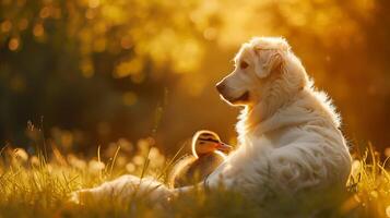 ai generiert unwahrscheinlich Duo ein Hund und Ente Umarmung im Wiesen warm Licht präsentieren charmant Gesellschaft foto