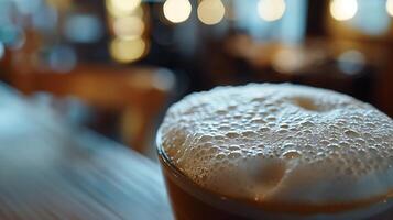 ai generiert schaumig Cappuccino im gemütlich Cafe mit Sanft verschwommen Hintergrund foto