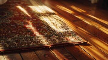 ai generiert kompliziert orientalisch Gebet Teppich sonnt sich im Sanft natürlich Licht auf hölzern Fußboden foto